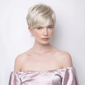 Perruque Courte Droite pour Femme, Style Européen et Américain, Vente Directe Usine, Cheveux Humains Blonds avec Frange Oblique et Raie Latérale - Product Image 3