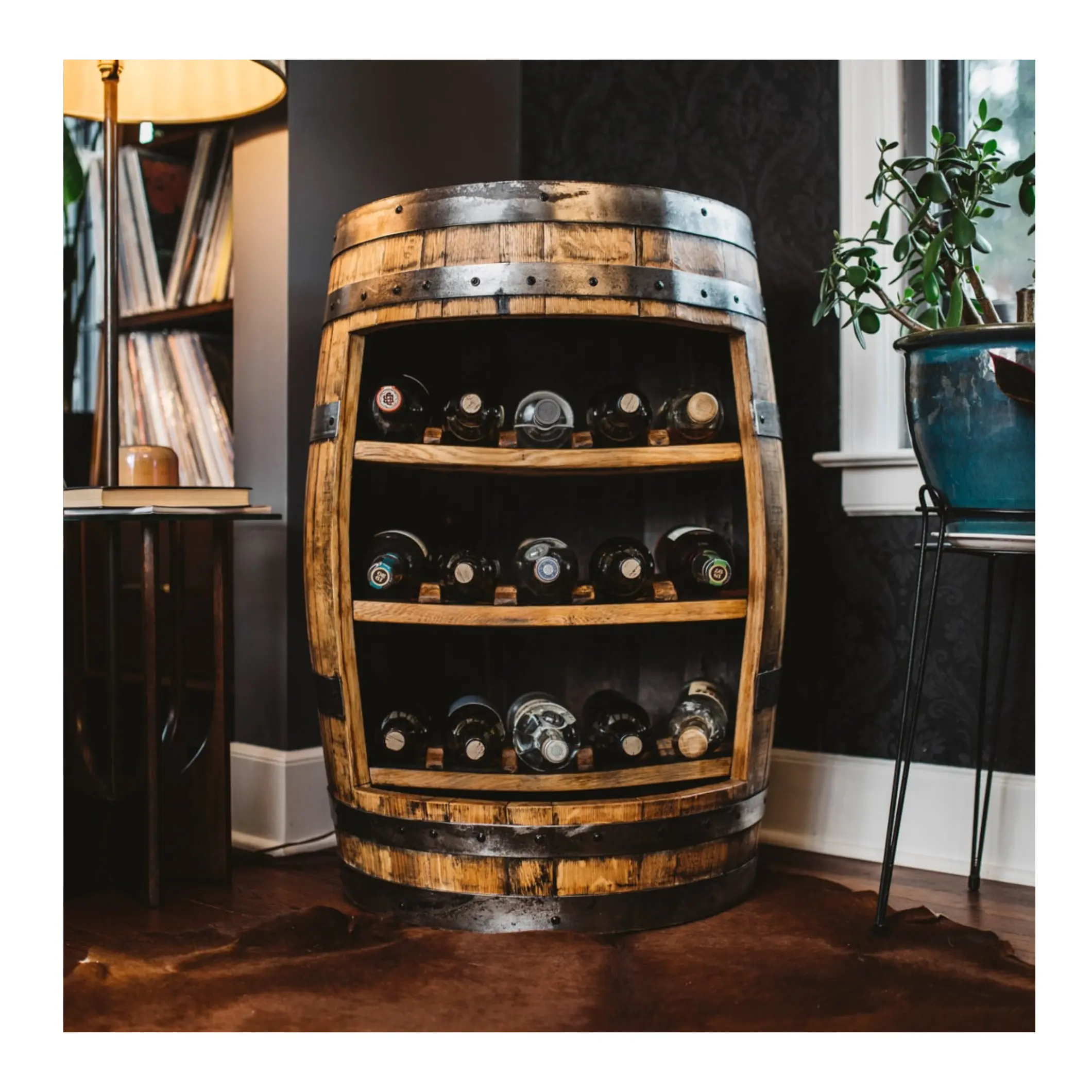 Armário personalizado para barril de uísque e licor, rack de suporte para barril de vinho de conceito aberto | Barris de armazenamento de garrafas de vinho