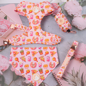 Diseñador de moda Neopreno Poliéster Arnés para perros Pajarita Color Rosa personalizado Impresión de alimentos Sublimación <span class=keywords><strong>Collar</strong></span> y correa para perros - Product Image 1