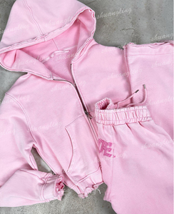 Set Tuta da <span class=keywords><strong>Donna</strong></span> Due Pezzi con Logo Personalizzato, Felpa Rosa con Zip Effetto Invecchiato e Pantaloni Jogger - Product Image 5