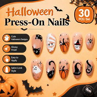 30 faux ongles à presser pour l'Halloween, motif œil de chat, forme amande, style festif et cool, Europe et Amérique