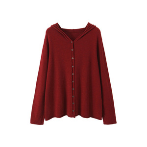 Suéter Cárdigan con Capucha Happy Plus para Mujer, Talla Grande, Color Sólido, Botones al Frente, Manga Larga, Corte Holgado, Tejido de Punto, Rojo, Negro, Albaricoque - Product Image 2