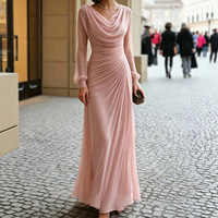 Robe longue élégante à col bénitier et manches longues, coupe ajustée, couleur unie, pour soirée formelle, banquet ou mariage