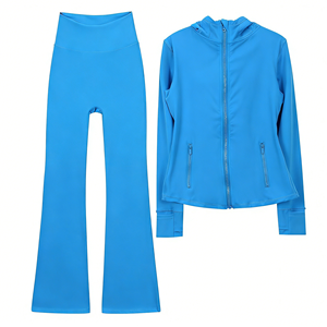 Conjunto Deportivo de Dos Piezas para Mujer, Chaqueta de Yoga con Cierre y Manga Larga, Pantalones Acampanados de Alta Elasticidad, Ropa Deportiva para Gimnasio, Traje de Entrenamiento - Product Image 1