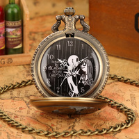 Pendentif Jack et Sally en métal Stempunk bronze vintage antique avec montre de poche et chaîne à mouvement à quartz