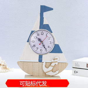 Wooden Sailboat Desk <b>Clock</b> With Anchor Design Silent Non Ticking Mediterranean Style For Bedroom Living Room Decor - Product Image 5