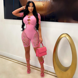 New Women's Solid Color Mesh Hollow Sexy Embedding Slim Fit <b>Knitted</b> Short Sleeve Jumpsuit Women Clothing - Product Image 1