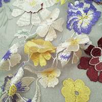 Kain Brokat Bordir 3D Motif Bunga Warna-warni Rumit, Jaring Kain dengan Pola Bunga 3D, 1 yard