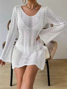 Robe unie ajourée à col rond, polyvalente, à manches longues, pour la <span class=keywords><strong>plage</strong></span>, pour le printemps et l'été, vêtements pour femmes - Product Image 3
