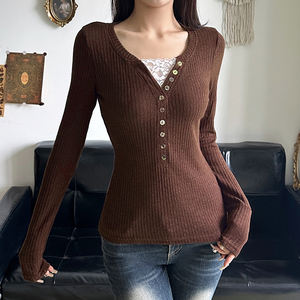 Top de Punto Acanalado con Encaje Estilo Francés BM, Cuello en V, Botones al Frente, Corte Ajustado, Manga Larga, Informal para Mujer - Product Image 6