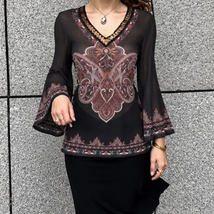 Camiseta de manga media con cuello en V, diseño étnico, espalda con lazo, estilo vintage con lentejuelas, para mujer, estilo europeo. - Product Image 5