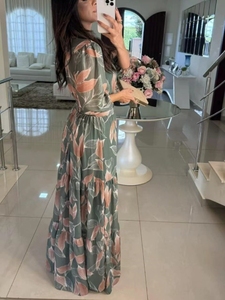 Nouvelle Collection Été 2026 : Ensemble Robe Longue Col V Imprimé Feuilles Rétro avec Design Ajusté à la Taille pour une Silhouette Affinée et Élégante - Product Image 5