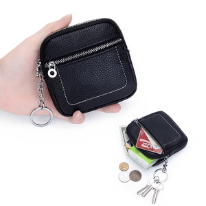 <span class=keywords><strong>Porte</strong></span>-<span class=keywords><strong>monnaie</strong></span> <span class=keywords><strong>carré</strong></span> en cuir véritable à double fermeture éclair pour mini-portefeuille, pochette avant, anneau de chaîne, portable, court, en nylon, unisexe - Product Image 1