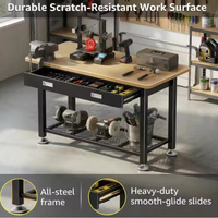 Banco de Trabajo Resistente para Garaje con Cajones y Estantes, Estructura de Acero, Superficie de Madera, Altura Ajustable, OEM/ODM/OBM, Capacidad de Carga de 907 kg (2000 lb)