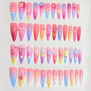 96 <span class=keywords><strong>faux</strong></span> ongles à presser Y2K couleur <span class=keywords><strong>bonbon</strong></span> dégradé, avec fleurs 3D en acrylique et nœuds, longs stilettos, couverture complète - Product Image 5