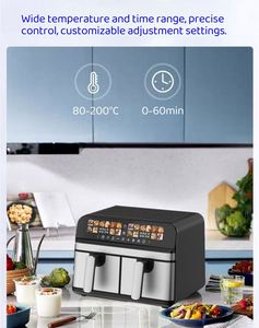 Freidora de Aire de 1700W y 9L con Asa Desmontable, Acero Inoxidable, Elementos de Calentamiento Dobles Cuadrados, Pantalla a Color Moderna y Múltiples Menús - Product Image 4