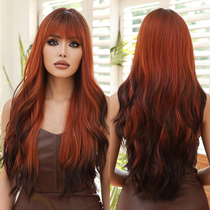 MOQ1, pelucas sintéticas largas <span class=keywords><strong>de</strong></span> pelo ondulado rojo marrón con reflejos negros con flequillo para mujeres negras, <span class=keywords><strong>cabello</strong></span> <span class=keywords><strong>Natural</strong></span> para uso diario - Product Image 1
