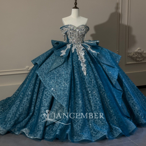 ชุดราตรีงาน Quinceanera รุ่น Xs312 ดีไซน์สวยหรู สายเดี่ยวประดับคริสตัล คอร์เซ็ทผูกโบว์ที่เอว แต่งเลื่อมสีเขียวอมฟ้า ผ้าลูกไม้ ทรงบอลกาวน์ ยี่ห้อ Jancember - Product Image 3