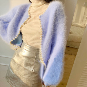 Hiver Nouveau Femmes Tricoté Français <span class=keywords><strong>Fait</strong></span> <span class=keywords><strong>Main</strong></span> Perle Chaude <span class=keywords><strong>Mohair</strong></span> Col Rond Manches Bouffantes Cardigan <span class=keywords><strong>Pull</strong></span> - Product Image 3