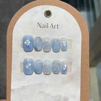 LemiVibe Umi No Kaze – Faux ongles en gel coréens mignons, bleu clair, 100 % faits main, application facile, pré-conçus, en plastique, autocollants pour ongles