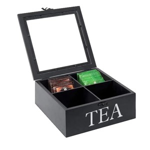 Wooden Tea Box Storage Organizer Rectangular Covered With Compartments For Tea Coffee <b>Sugar</b> <b>Packets</b> Desktop Use - Product Image 3
