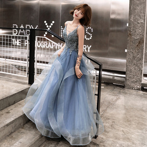 Ethereal Blue Halter Neck Evening Gown Empire Waist Ball Gown 3D Stereoscopic Patterns For Coming Of Age Birthday Bridesmaid - Product Image 1