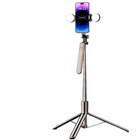 Nouveau bâton de selfie pliable 180 cm à 4 axes avec cardan rotatif, double anneau lumineux LED, trépied et support de téléphone en acier inoxydable