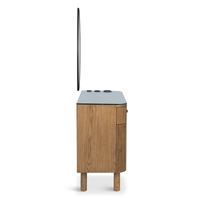 Station de coiffure moderne en bois grainé - Meuble de rangement avec tiroirs, espace de rangement et support pour outils chauffants
