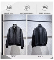 Blouson Bomber Noir en Cuir Véritable Tressé Unisexe Col Montant Fermeture Éclair Manches Longues Poignets Côtelés Veste d'Hiver