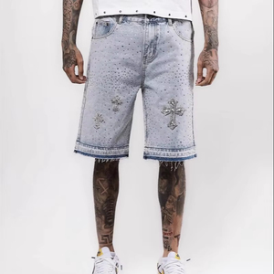 Shorts <span class=keywords><strong>en</strong></span> jean déchirés décorés de strass Bermuda pour hommes <span class=keywords><strong>en</strong></span> denim blanc et bleu - Product Image 1