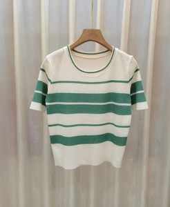 Meisjes Zomer Ijs Zijde T-Shirt Koreaanse Ronde Hals Kleur Gestreepte Gebreide Tops Korte Mouw Fashion Design Casual Gebreide <span class=keywords><strong>Blouse</strong></span> Vrouwen - Product Image 5