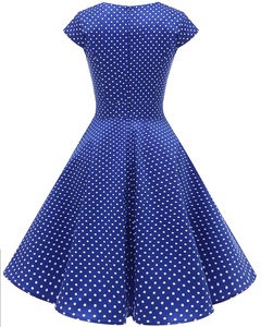 Váy nữ cổ điển MANNI phong cách retro thập niên 50-60, màu xanh chấm bi, dáng chữ A, xếp ly, midi, kín đáo - Product Image 2