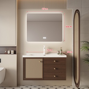 Vasque en céramique monobloc de style vintage avec armoire miroir intelligente, meuble-lavabo mural de salle de bain de style rotin - Product Image 5
