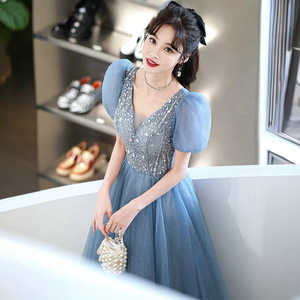 Women's Evening Gown Blue V-neck Empire Waist Ball Gown Chiffon Vintage Fashionable Host Performance Dress - Product Image 1