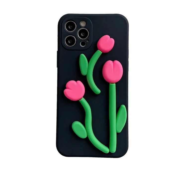 Casing Silikon Lembut Bunga Tulip 3D, Pelindung HP Kulit untuk IPhone 13 Mini 12 SE 2020 11 Pro Max X XS XR 8 7 6 6S