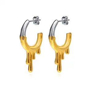 Pendientes de aro de dos tonos con forma de gota de agua chapada en oro de 18 quilates para mujer, joyería de acero inoxidable personalizada recién llegada al por mayor