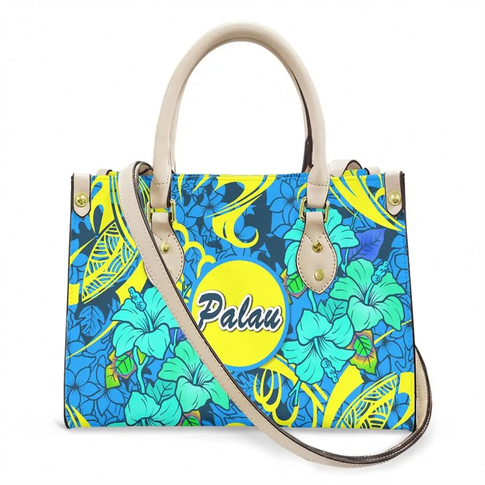 Damen Umhängetaschen Polynesian Tribal Palau Islands Grüner Hibiskus-Druck Benutzer definierte PU-Leder handtasche Manufactures Tote Bags