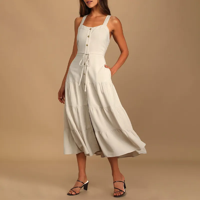 New Design Midi Dress with Pockets Linen Dress Customizable Button-front Tiered Sleeveless Midi Dress Women Summer OEM Service