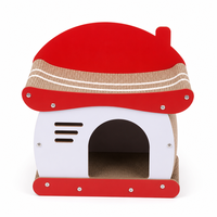 Maison pour chat en rotin à toit rouge à 2 niveaux avec panneau ondulé et griffoir design chalet pour chats d'intérieur