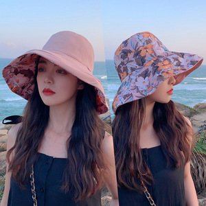 Sombrero de <span class=keywords><strong>pescador</strong></span> de ala grande para viajes de verano, sombrero de sombrilla estampado usable de doble cara para mujer - Product Image 5