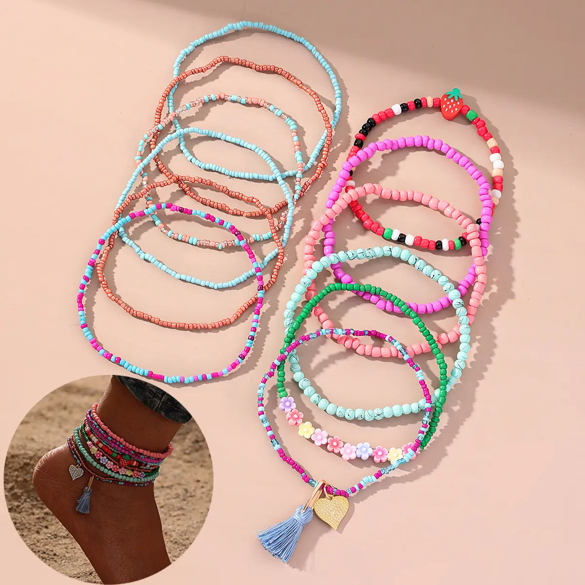 2024 mode bohème Style ethnique cheville ensembles perles de riz colorées multi couches femmes cheville ensembles