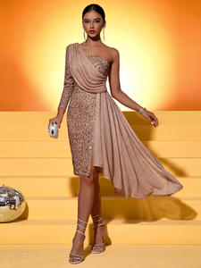 Gaun pesta malam wanita, asimetris, lengan panjang, sambungan payet, besar, celah terbuka, warna polos, dengan ritsleting untuk koktail, <span class=keywords><strong>Prom</strong></span> - Product Image 4