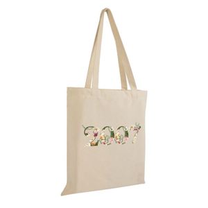 Sac fourre-tout réutilisable en toile beige avec impression florale scintillante et alphabet pour cadeau de mariage et shopping - Product Image 1
