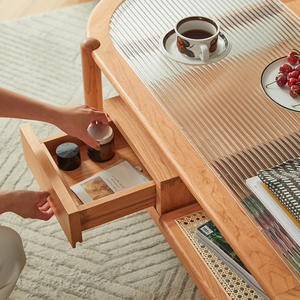 Mesa de Centro de Madera Maciza Estilo Nórdico, Madera de Cerezo, Tapa Ovalada de Vidrio con Cajón, Diseño Minimalista Japonés, Mesa de Té para Apartamentos Pequeños - Product Image 3