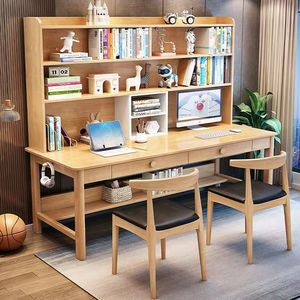 Children's Solid Wood Double <b>Desk</b> With Bookshelf Integrated Study <b>Desk</b> Chair Set Minimalist Design <b>For</b> Home Learning - Product Image 2