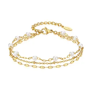 Hot sale stainless steel gold color multi layer pearl chain link bead bracelet for womens factory direct