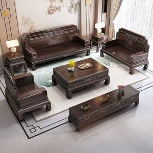 Chinese Style Wood Carved <b>Sofa</b> <b>Set</b> Living Room Furniture With Removable Cushions For Small Apartment - Product Image 3