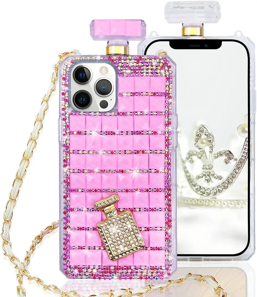 Luxus Bling Diamond Parfüm Flasche Telefon Fall Lanyard für iPhone XR X XS Strass Bogen Glitter Edelstein Soft TPU Rückseite