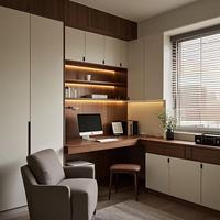 Armoire de bureau intégrée fonctionnelle avec étagères ouvertes et bureau d'angle pour une utilisation compacte dans un bureau à domicile