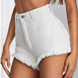 Venta barata, pantalones vaqueros elegantes de verano para mujer, pantalones cortos sexis de cintura alta ajustados con borlas y dobladillo, tela de Color inelástica, pantalones cortos de mezclilla para mujer en Stock - Product Image 4